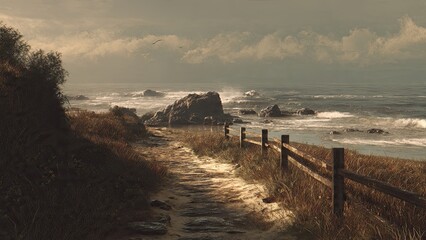 Coastal path leading to the ocean under a cloudy sky landscape scene generative ai