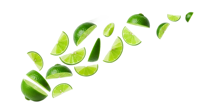 Dynamic composition of vibrant green lime slices scattered and falling against a pristine white background, showcasing freshness and zesty citrus appeal in a refreshing visual display