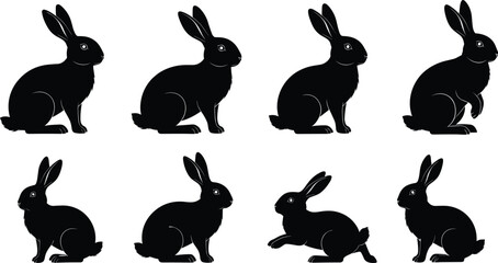 Easter Holiday Silhouette Vector Collection; Featuring Rabbits, Decorated Eggs, Daffodils, Flowers, Baskets, and Chicks for Festive Spring Design Elements