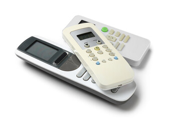 Modern air conditioner remote controls isolated on white background