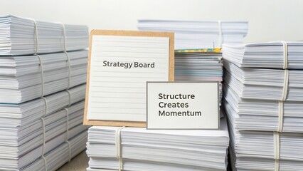Organized workspace with strategy board and motivational message among stacks of paper for business planning and creativity