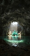 Mysterious cave interior with illuminated crystal formation and water
