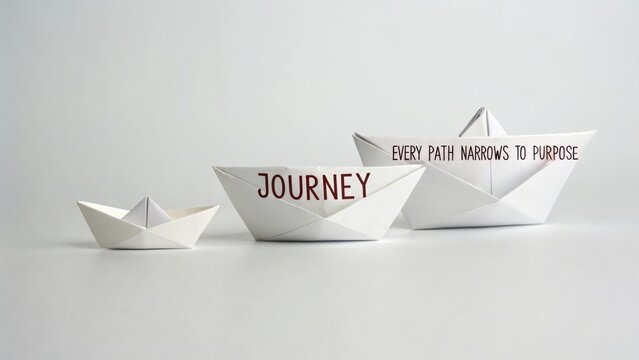 Paper boats representing journey and purpose with inspirational text on a neutral background for creativity and dreams