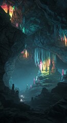 Mysterious cave interior with illuminated stalactites and atmospheric lighting