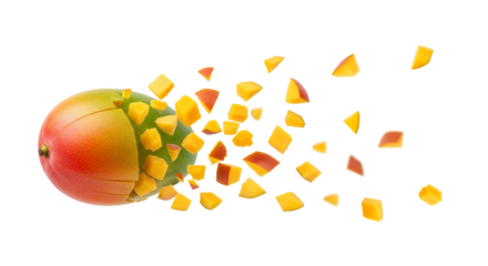 Vibrant tropical mango captured mid-air, artistically transforming from a whole fruit into an explosion of succulent, diced pieces, symbolizing freshness and dynamic flavor