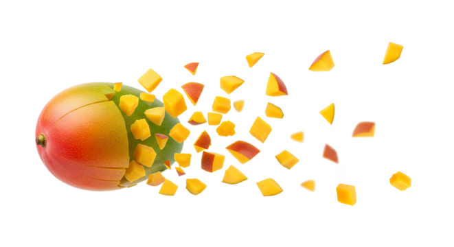Vibrant tropical mango captured mid-air, artistically transforming from a whole fruit into an explosion of succulent, diced pieces, symbolizing freshness and dynamic flavor