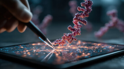 Precision genetic engineering A hand manipulates a digital DNA double helix on a glowing tablet, symbolizing scientific discovery and advanced biological research