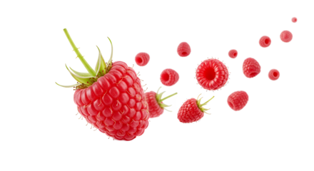 Fresh ripe raspberries in a dynamic splash, with one large detailed berry and smaller pieces flying in the air, isolated on a white background