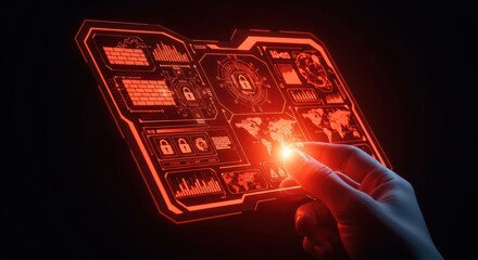 Person touching a glowing digital interface with security padlocks and world maps on a black background