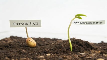 Seedling Growth in Soil Symbolizing New Beginnings and Recovery Journey with Inspirational Labels of Hope and Resilience