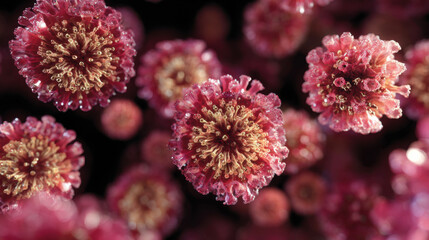 Microscopic view of a virus, depicting its intricate structure and vibrant red color, symbolizing health and disease awareness