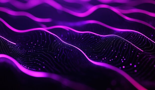 A neon purple, wavy line on a black background, glowing and shimmering with light effects. The lines create an abstract design reminiscent of digital waves or energy flow.