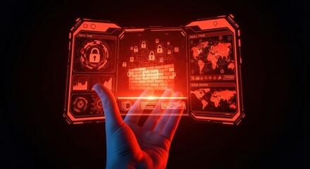Futuristic technology display with hand and digital interfaces for data security and global network connection