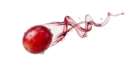 A single ripe red grape with glistening water droplets, creating an elegant swirling splash of fresh juice isolated on a white background