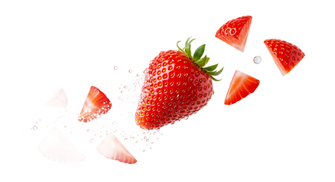 Fresh Strawberry Exploding with Juicy Slices on White Background - Vibrant Food Photography