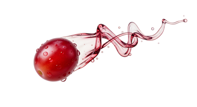 A single ripe red grape with glistening water droplets, creating an elegant swirling splash of fresh juice isolated on a white background