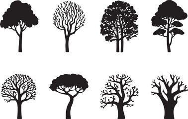 Diverse tree silhouettes vector collection, nature and plant icons.