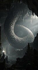 Dramatic coiled dragon in a cavern lit by ethereal light fantasy artwork