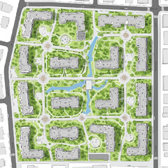 Obraz premium A detailed architectural plan showcases a modern residential complex with green spaces, water features, and buildings, offering a comprehensive urban design.