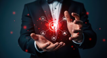 Data protection shown with a shield and icons over hands for security management and network insurance against cyber attacks