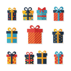 Collection of Colorful Gift Boxes with Ribbons and Bows.