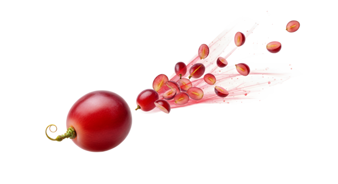 Vibrant red grape bursting apart in a dynamic explosion, scattering juicy fragments and seeds with an energetic splash, representing freshness and flavor