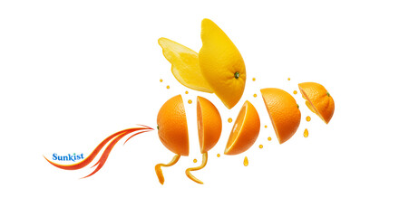 Creative Citrus Concept An Orange Fruit Reimagined as a Flying Bee with Wings and Juice Splash