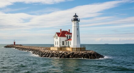 North Pier lighthouse on Lake Michigan a scenic landmark with a breakwater under a blue sky in Wisconsin USA