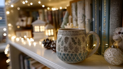 festive mug decor, Christmas bookshelf, cozy indoor lights