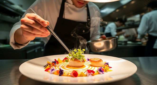 Ultra realistic chef plating gourmet dish with tweezers under restaurant kitchen light