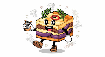 Delightful Cartoon Cake Character with Laurel Wreath and Trophy.