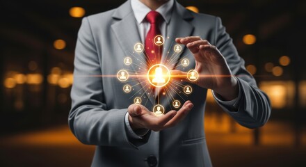 Businesswoman presenting digital network connection concept for collaboration communication technology and community relationship building