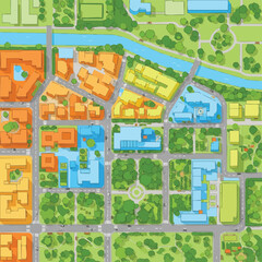 Fototapeta premium A colorful, stylized city map illustration showcasing buildings, roads, parks, and a river, perfect for urban planning concepts.