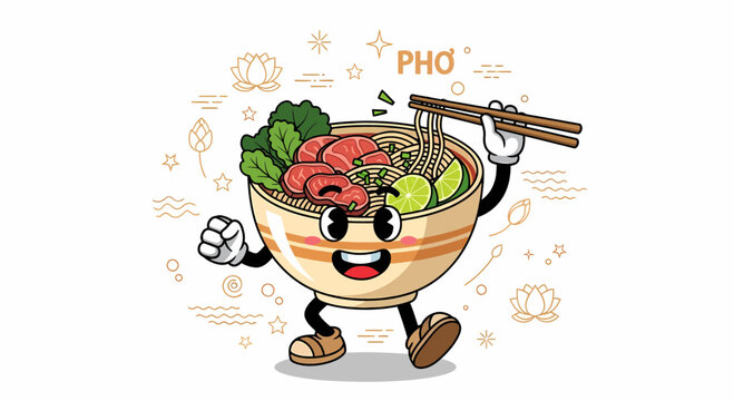Cute Pho Noodle Bowl Character Holding Chopsticks.