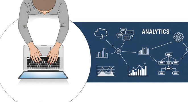 Overhead view of a woman typing on a laptop with analytics icons and charts representing data analysis and business intelligence
