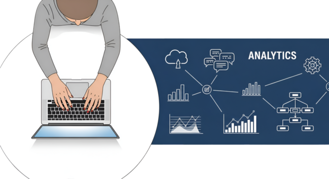 Overhead view of a woman typing on a laptop with analytics icons and charts representing data analysis and business intelligence - Powered by Adobe