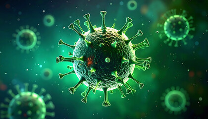3D microscopic illustration of a virus particle with detailed spikes and cellular texture, representing infection and microbiology.