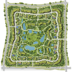 Obraz premium An aerial view showcases a meticulously planned residential community with a central park, ponds, and interconnected roads, promoting sustainable living.
