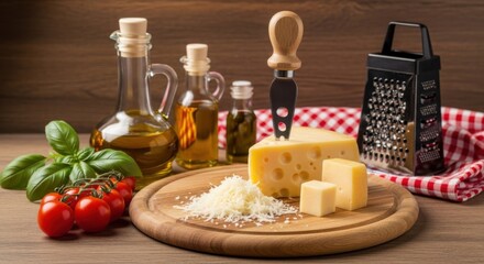 Cheese and olive oil on a wooden board with basil and tomatoes ingredients for Italian cuisine
