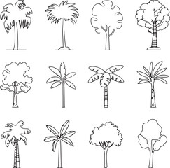 Set of simple hand drawn tree and palm tree outline graphics.
