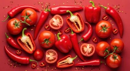 Overhead shot of fresh red vegetables including tomatoes bell peppers and chili peppers arranged on a red background
