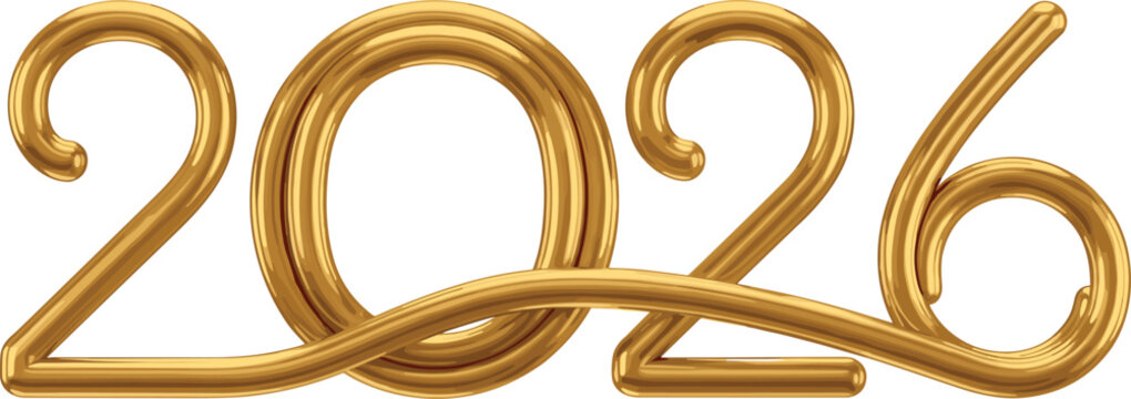 The year 2026 rendered in a luxurious flowing golden metallic tube design, isolated on a white background