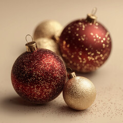 Traditional Christmas ornaments in red and gold on festive background  