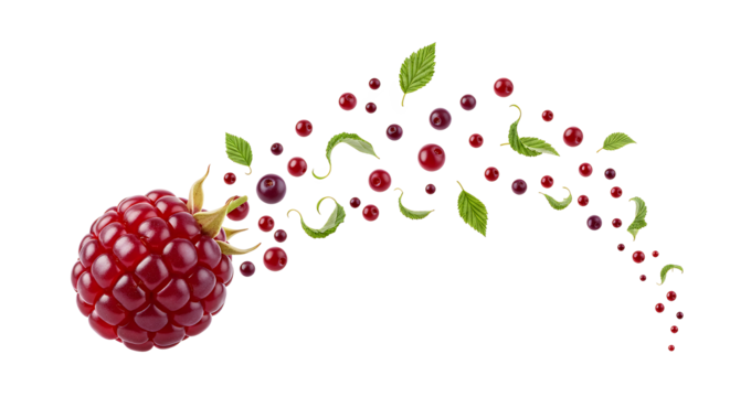 Juicy raspberry leading an energetic cascade of vibrant red berries and fresh green mint leaves, creating a dynamic burst of natural flavor and healthy goodness