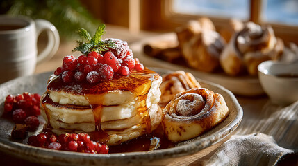 Christmas breakfast, pancakes with berries, cinnamon rolls dessert
