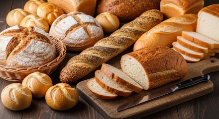 Assortment of freshly baked breads including loafs and rolls displayed on a wooden surface for a bakery or food concept