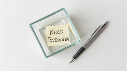 Sticky Note with Motivational Phrase on Clear Glass Container and Modern Pen on White Background for Inspirational Themes