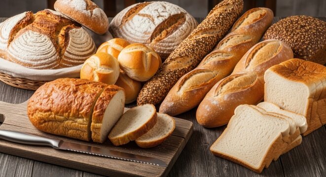 Assortment of freshly baked breads including loafs baguettes and rolls displayed on a wooden cutting board for a bakery or food concept - Powered by Adobe