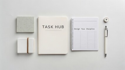 Stylish workspace composition with notebook, pen, sticky notes, and planner for productivity and organization on light background