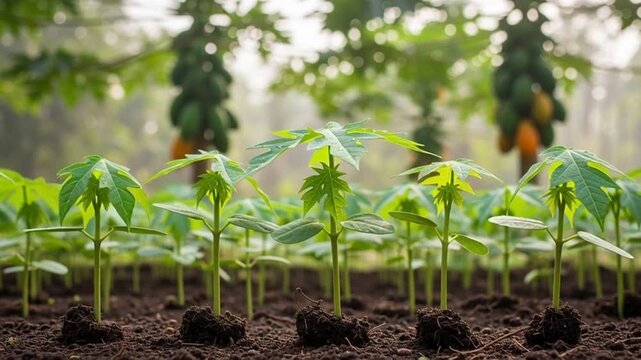 Watch vibrant papaya saplings grow in lush tropical farmland, showcasing the delicate dance of nature's renewal and agricultural promise